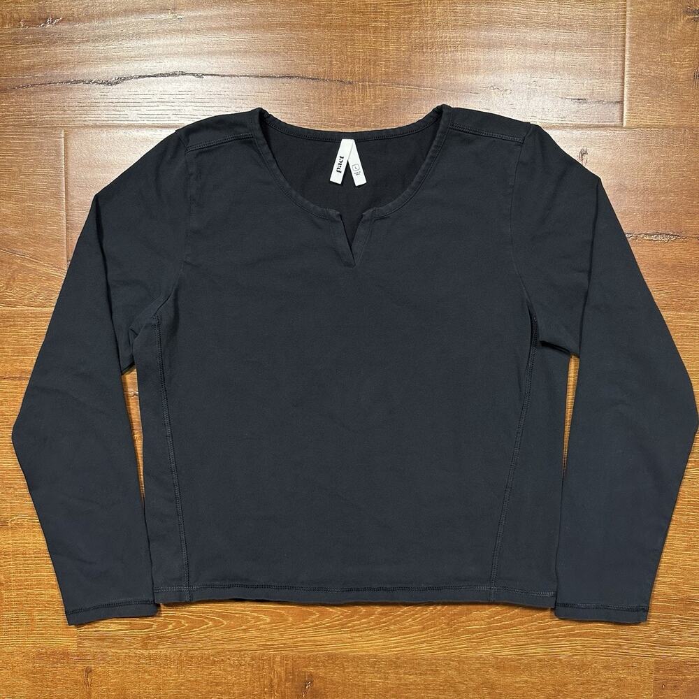 Pact Open Collar T Shirt Womens L Black Long Sleeve Organic Cotton Round Neck